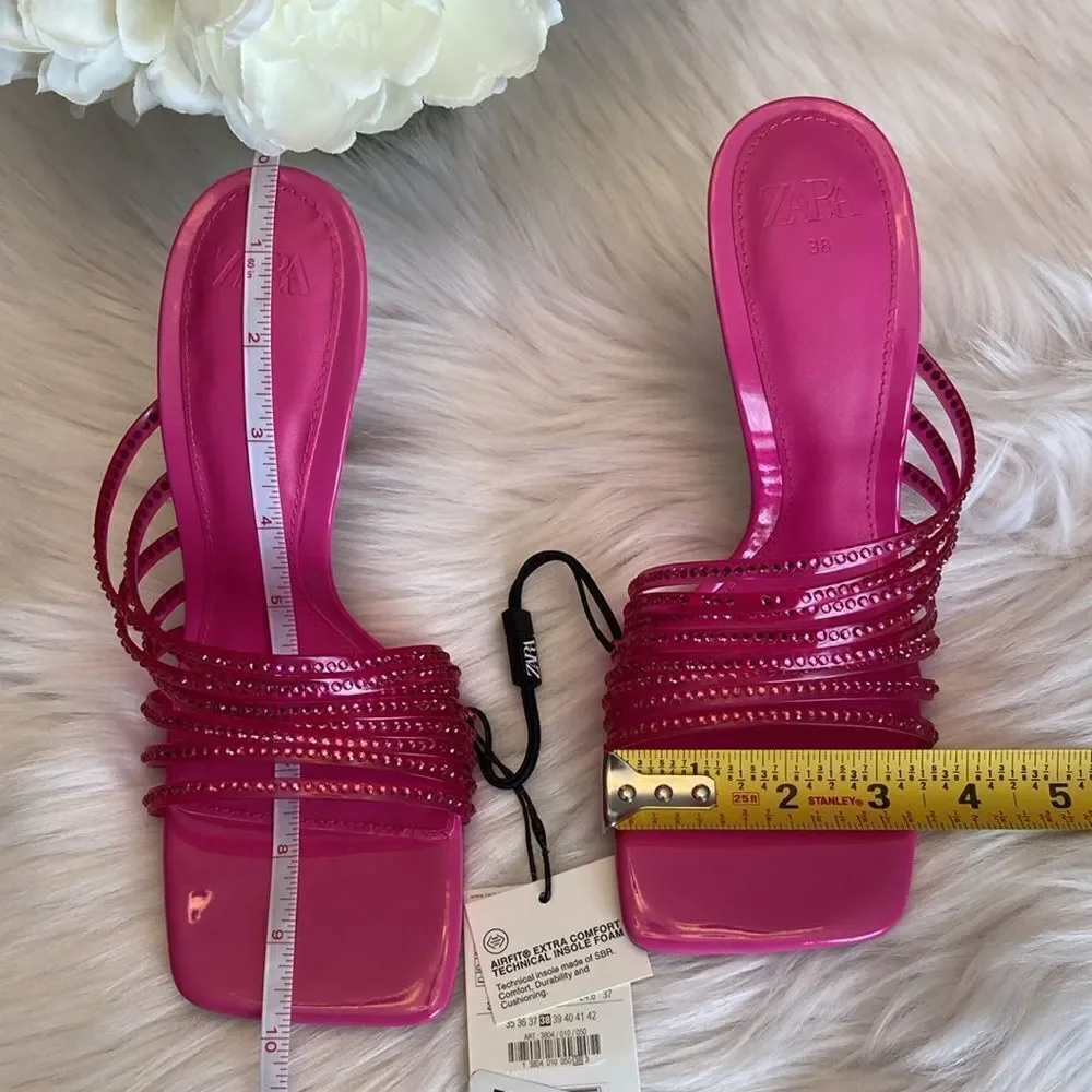 Zara Discounted Vinyl Pink Rhinestone Squared Toe High Heels Dress Sandals Shoes - Picture 3 of 14
